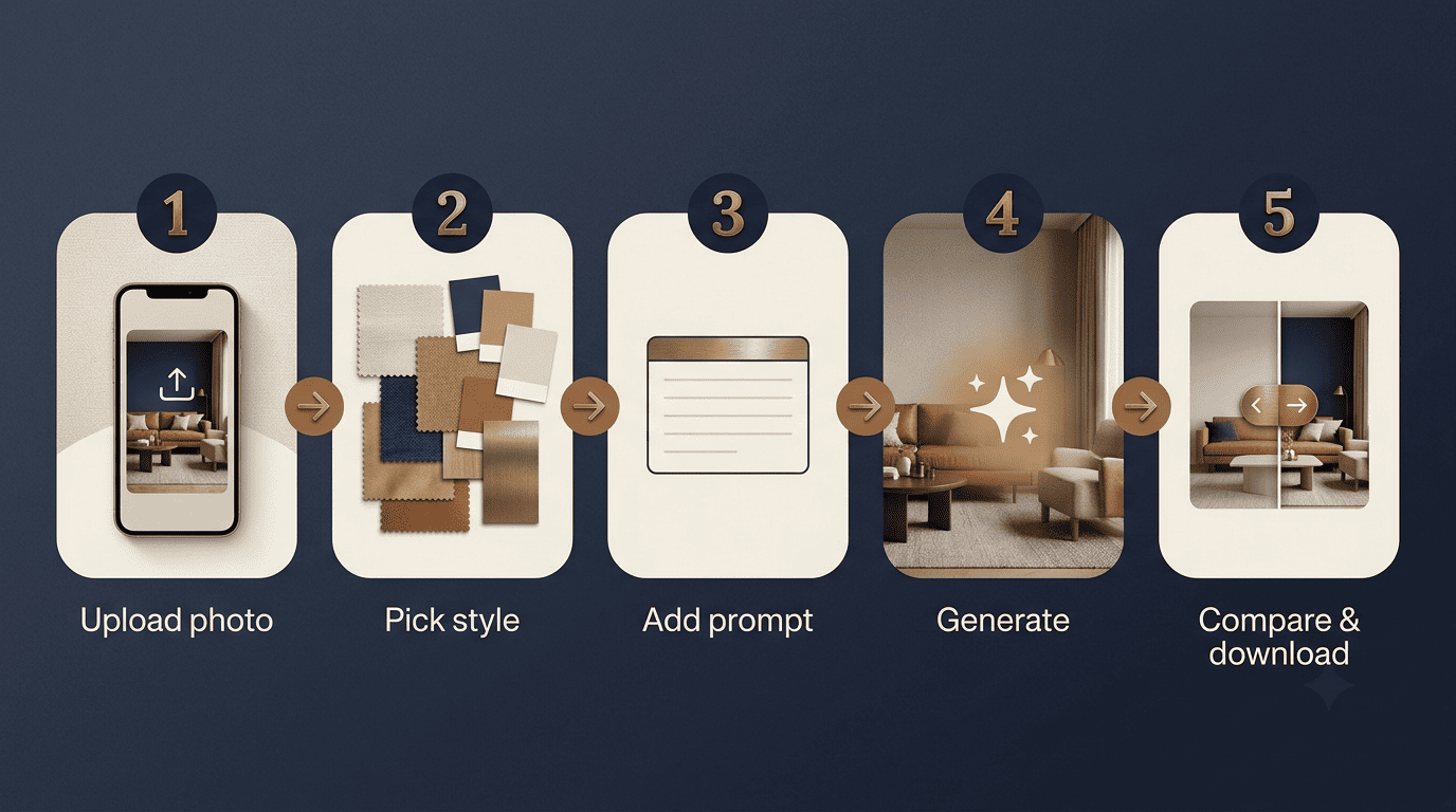 Five-step workflow for free AI living room design: upload, pick style, prompt, generate, compare