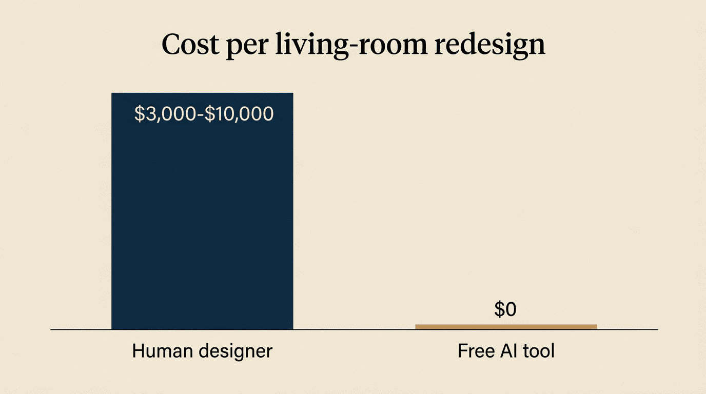 Bar chart comparing the cost of a human interior designer versus a free AI tool per living-room redesign