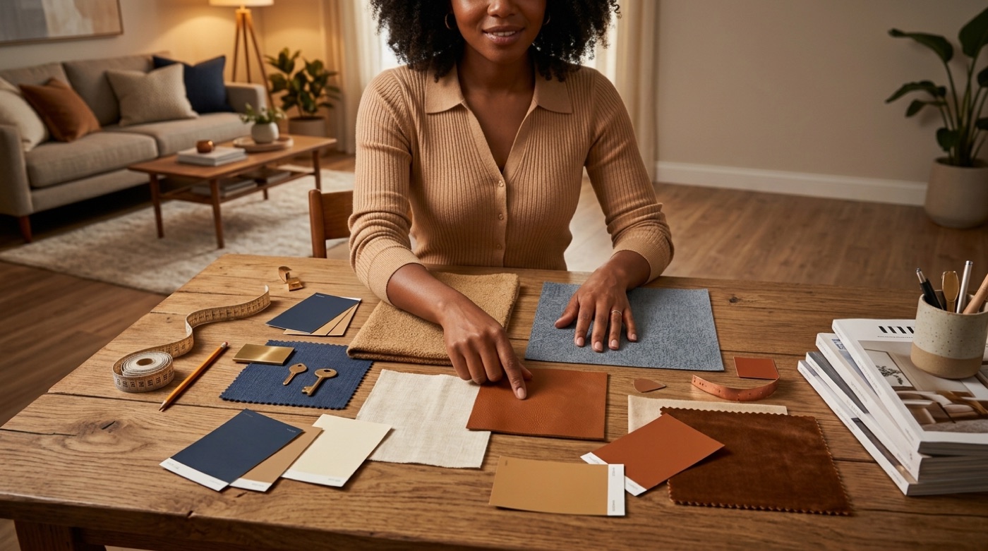 A living-room color palette moodboard with navy, camel, cream and cognac fabric and paint swatches on a table