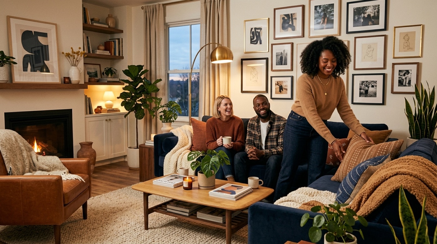 A beautifully styled living room with a gallery wall, layered cushions, plants and tasteful decor in warm navy and camel tones