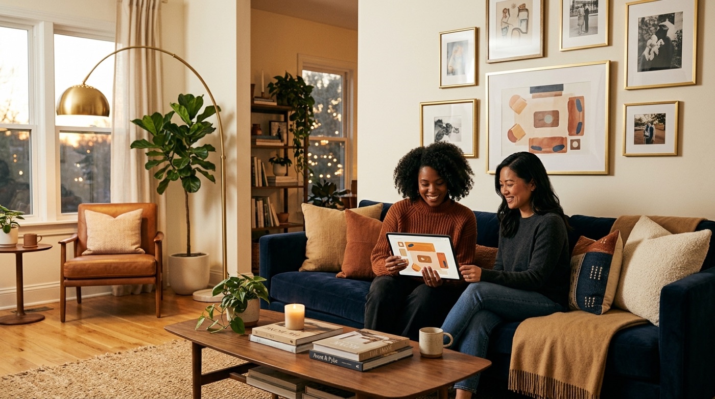 A homeowner and stylist review a living-room furniture layout on a tablet in a warm cozy living room with a navy sofa and camel armchairs