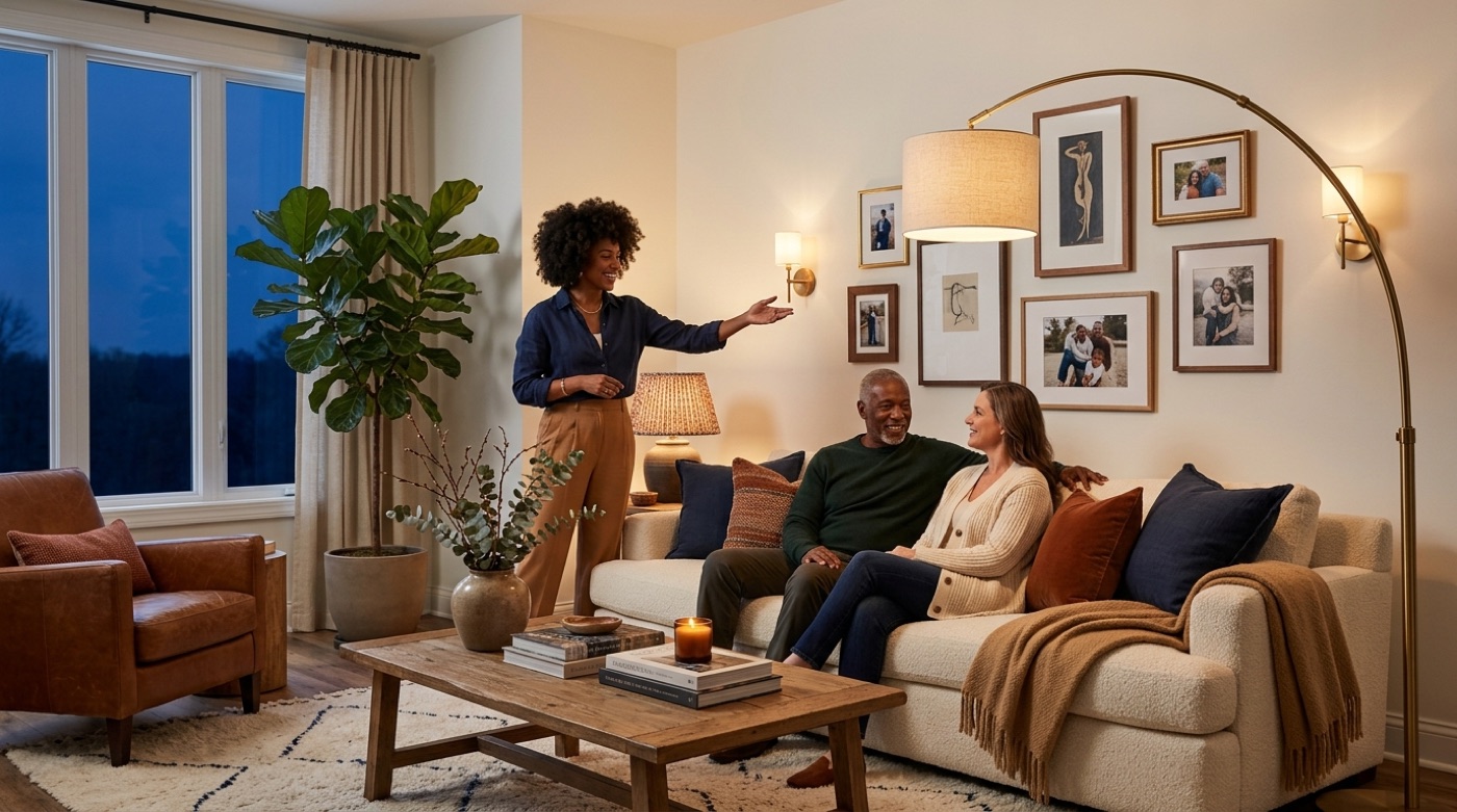A cozy living room glowing with layered lighting at dusk — an arc floor lamp, table lamps and warm wall sconces