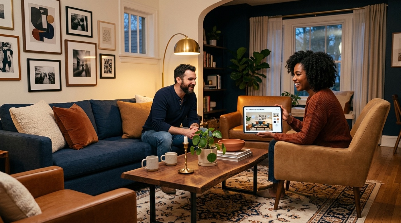 A cozy living room before-and-after: a plain empty room on one side, the same living room beautifully restyled with a navy sofa, camel armchairs, arc floor lamp and gallery wall on the other, previewed on a tablet