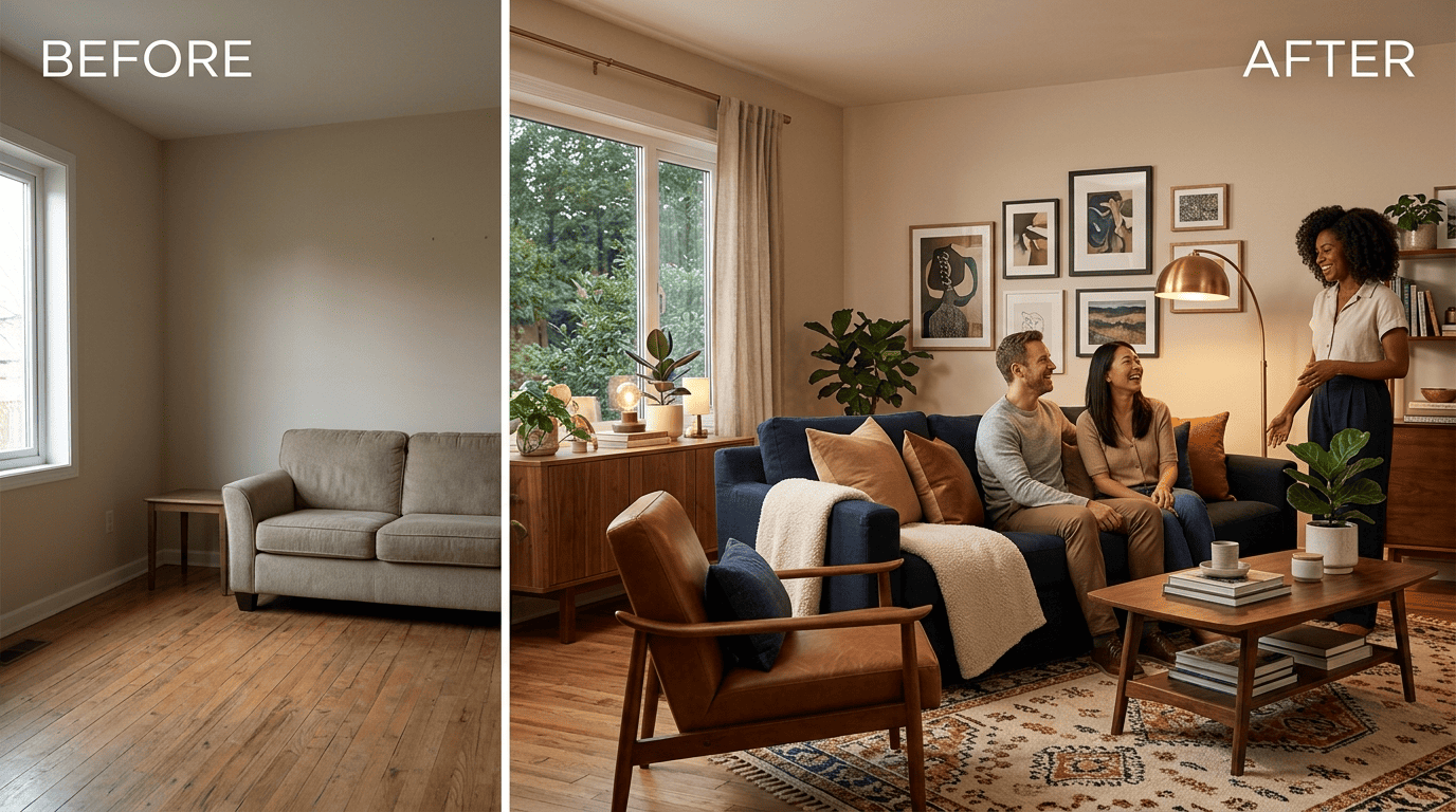 Before-and-after of the same living room redesigned by RoomGPT AI
