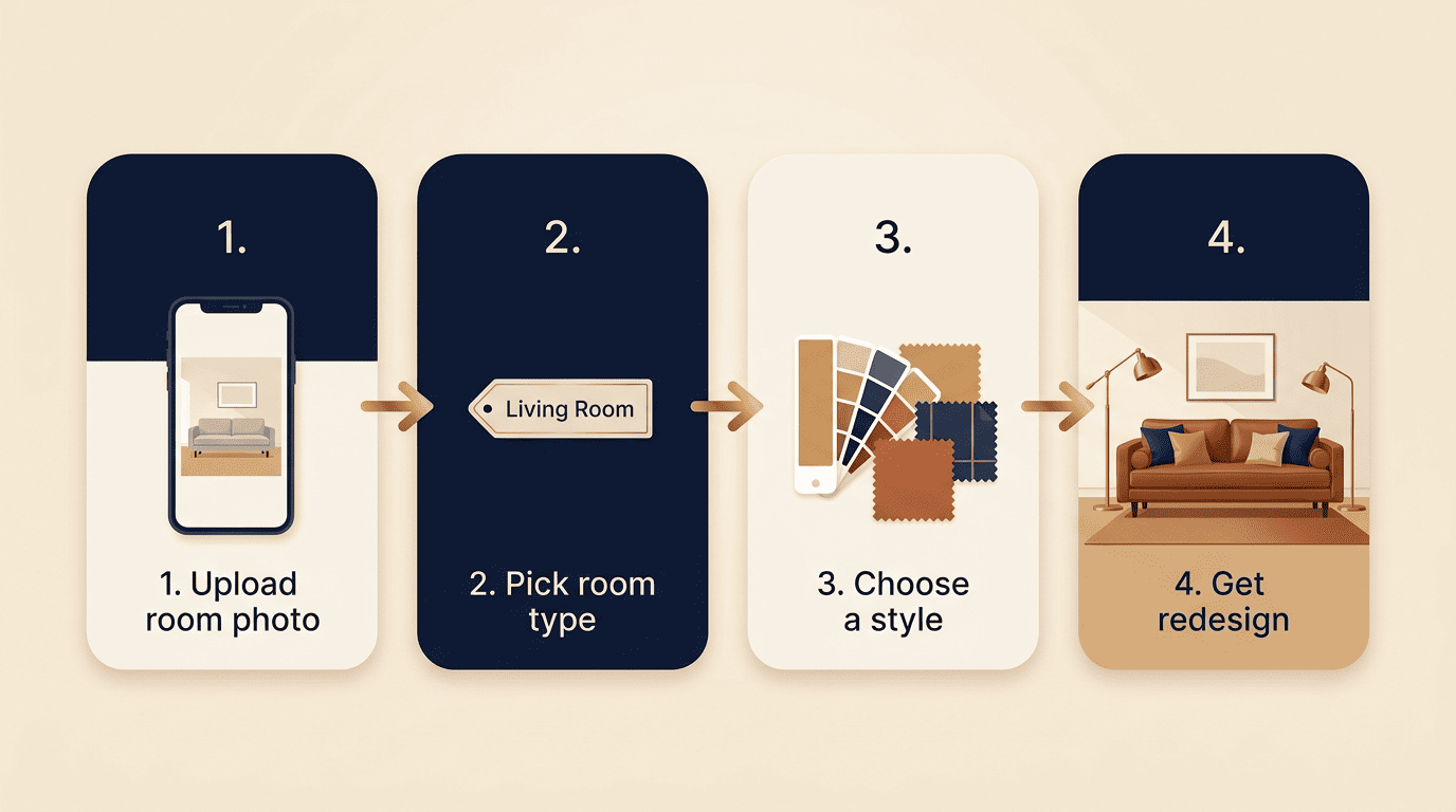 Four-step RoomGPT living room redesign process: upload, pick room type, choose style, get redesign