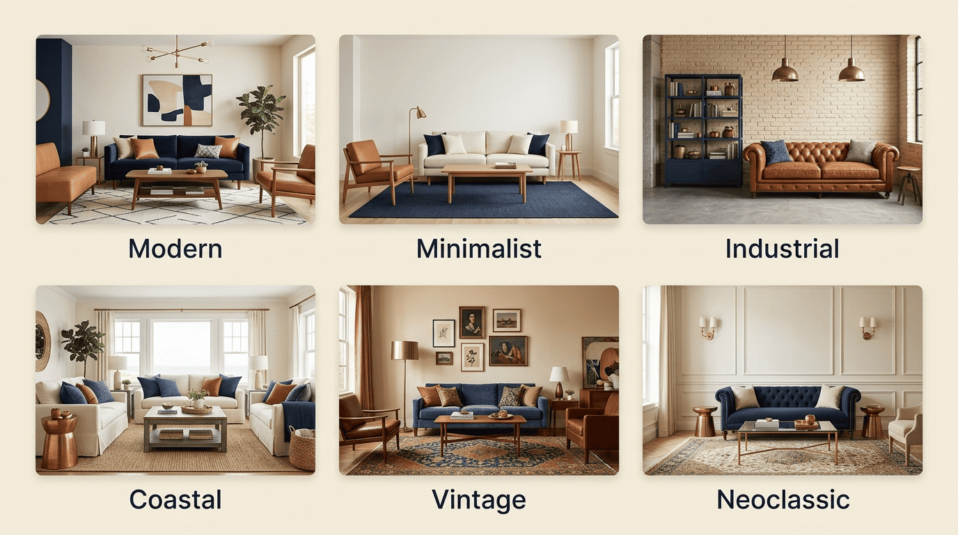 Six RoomGPT living room design styles: Modern, Minimalist, Industrial, Coastal, Vintage, Neoclassic