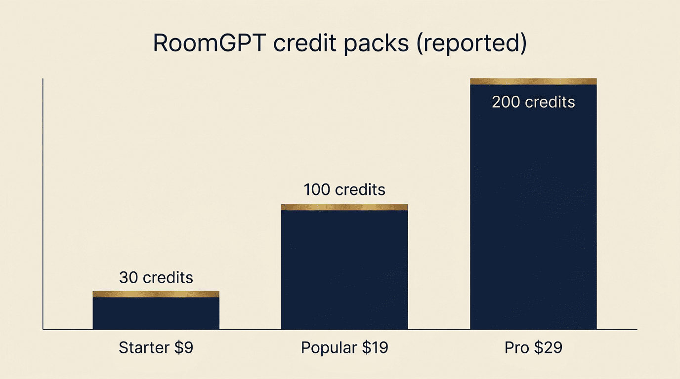 Bar chart of RoomGPT credit packs reported by reviewers: Starter 30, Popular 100, Pro 200 credits