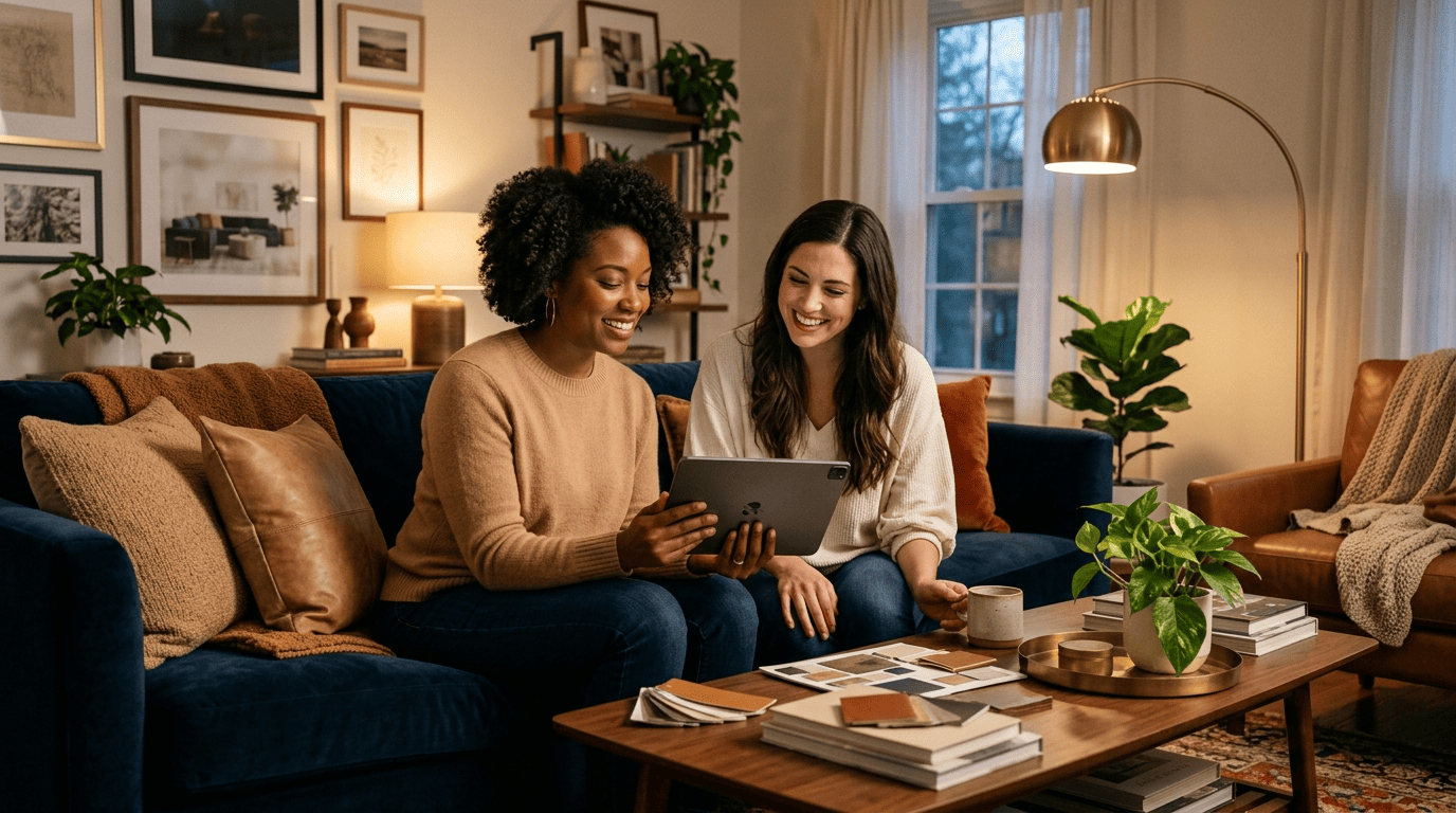 A living room stylist and homeowner planning a redesign together on a tablet