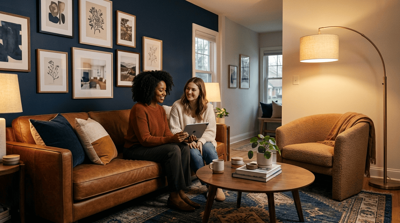 A living-room stylist and a homeowner review an AI small living room design on a tablet in a cozy navy-and-camel room