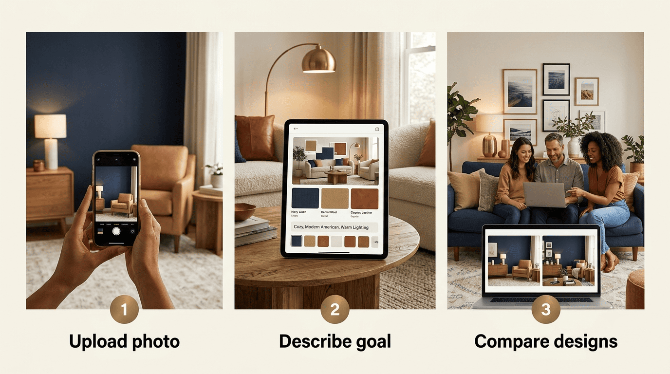 Three-step AI small living room design workflow: upload photo, describe goal, compare designs