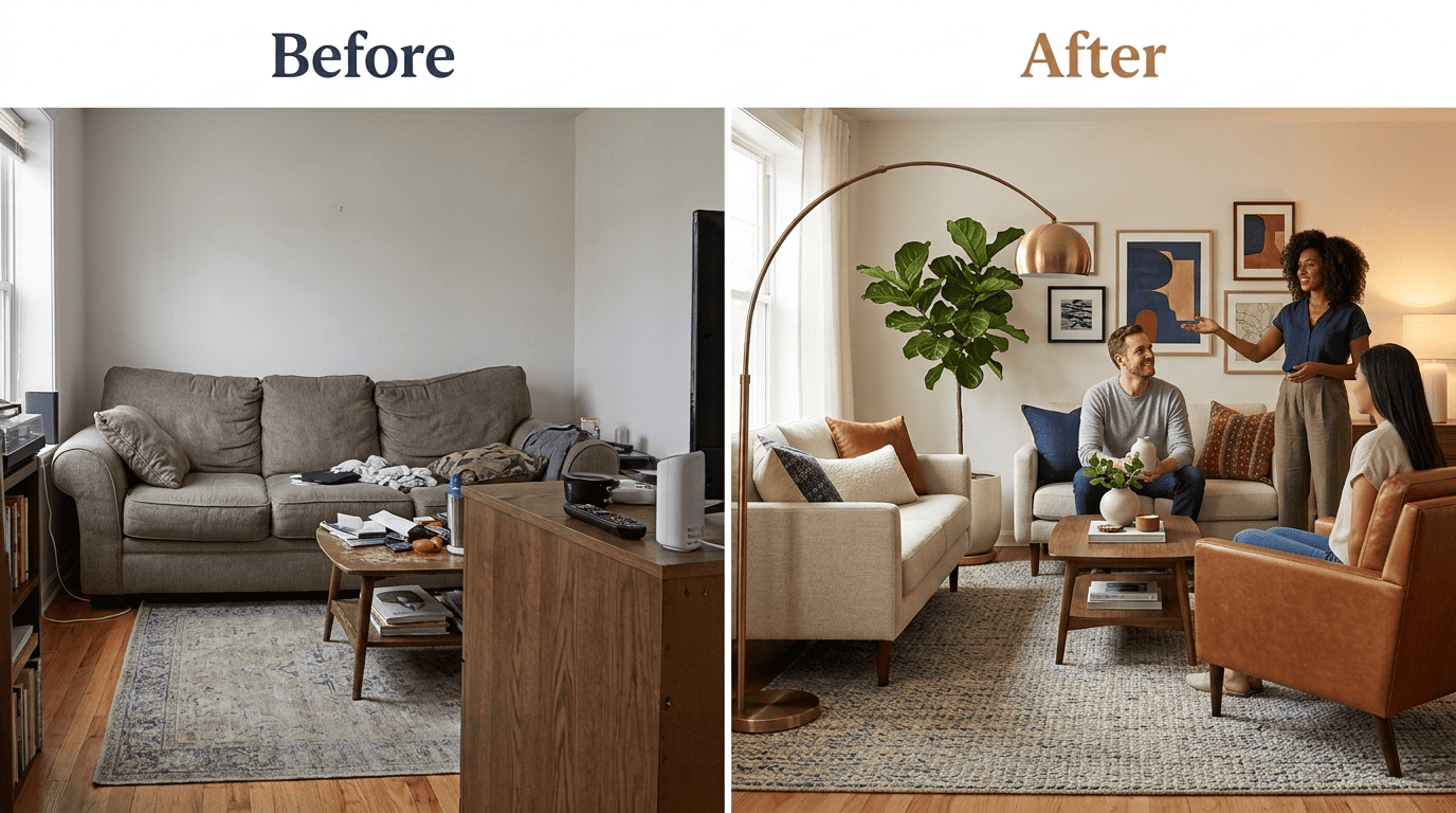 Before and after of the same small living room: cramped oversized sofa versus a space-saving loveseat layout