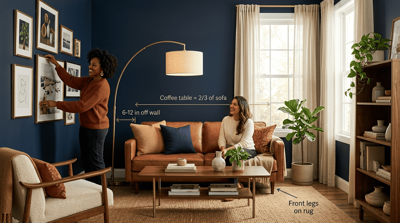 Annotated small living room showing scale rules: coffee table two-thirds of sofa, furniture 6-12 inches off wall, front legs on rug