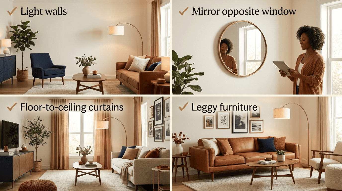 Four tricks to make a small living room look bigger: light walls, mirror opposite window, floor-to-ceiling curtains, leggy furniture