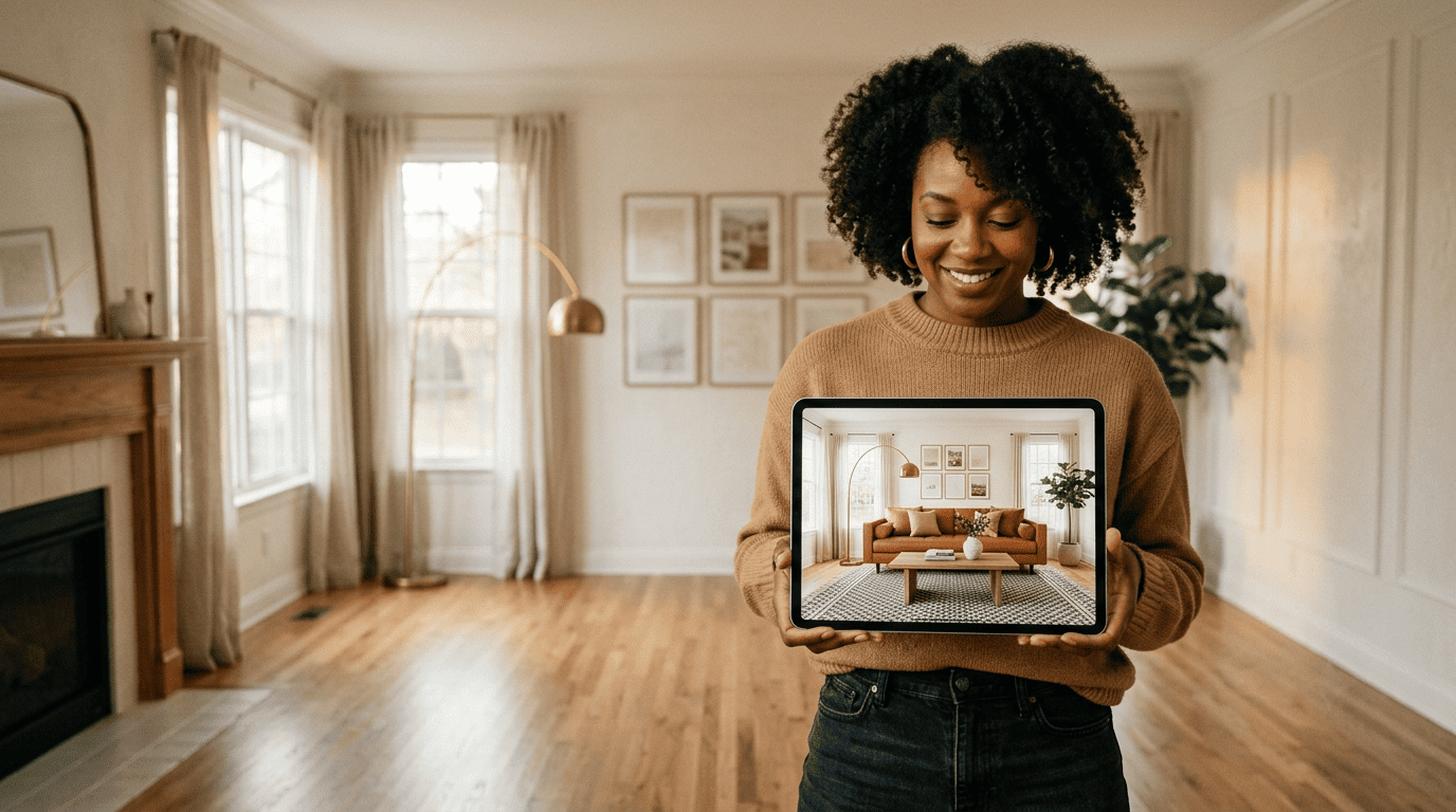 A living-room stylist holds a tablet showing an empty room digitally furnished with a sofa and lamp