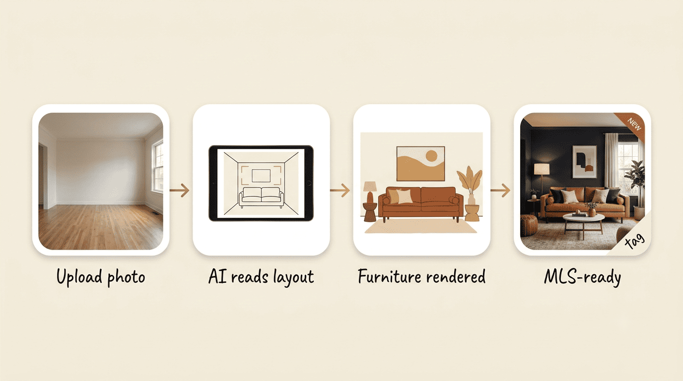 Four-step diagram: upload photo, AI reads layout, furniture rendered, MLS-ready image