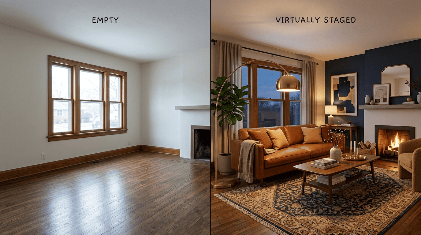 Before-and-after split of the same living room: empty on the left, warmly virtually staged on the right