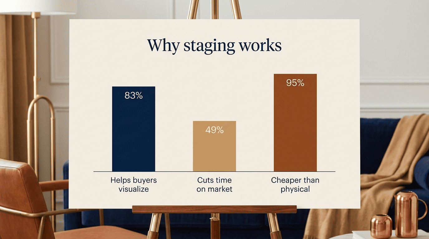 Bar chart: staging helps buyers visualize 83%, cuts time on market 49%, up to 95% cheaper than physical