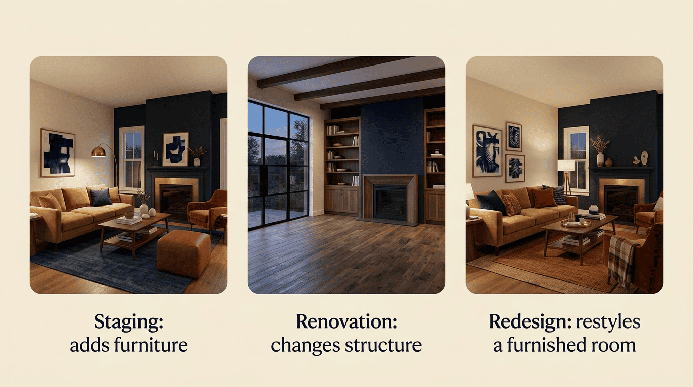Three panels comparing staging that adds furniture, renovation that changes structure, and redesign of a furnished room