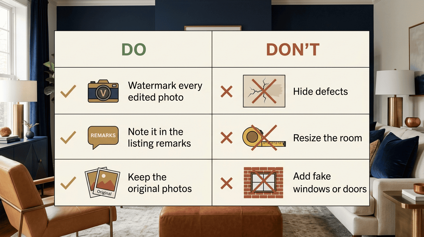 Do and don't checklist for virtual staging disclosure: watermark, remarks, keep originals vs hide defects, resize, add fake windows